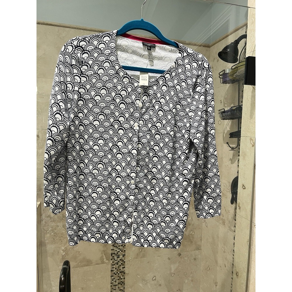 Talbots Cardigan Blouse Navy White Geometric Button Front 3/4 Sleeve MP NWT